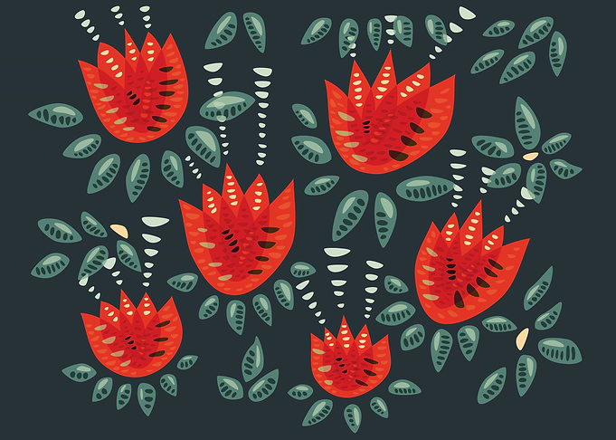 Dark floral pattern with an abstract illustration of re ...
