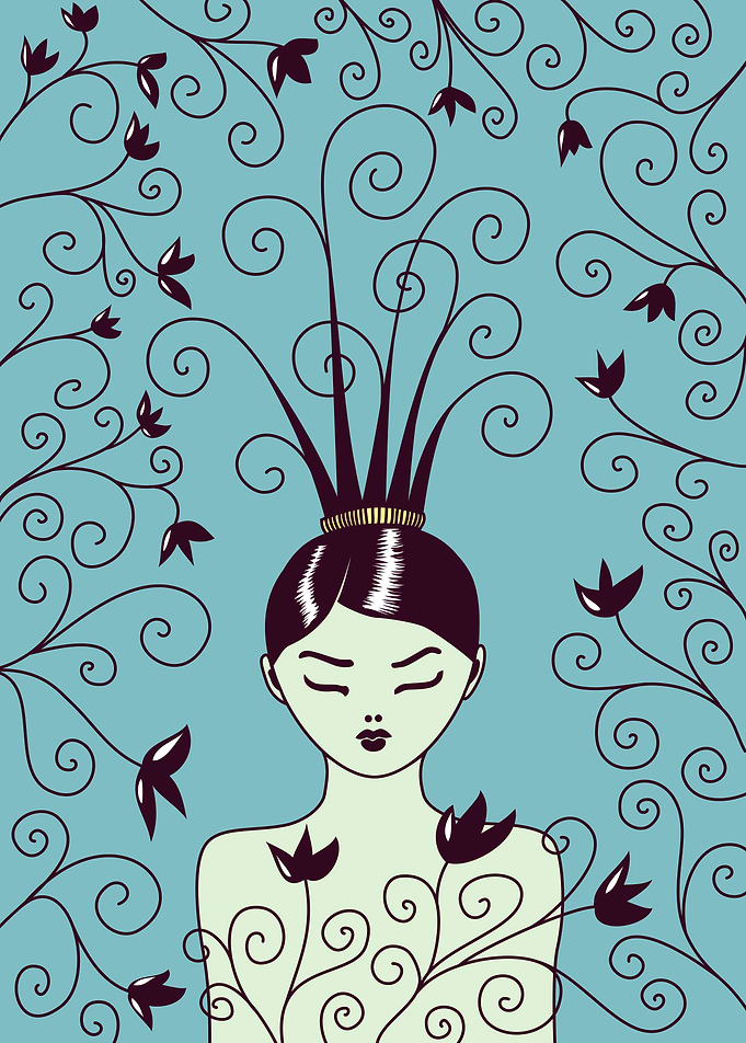 Vector illustration of a girl with closed eyes and stra ...
