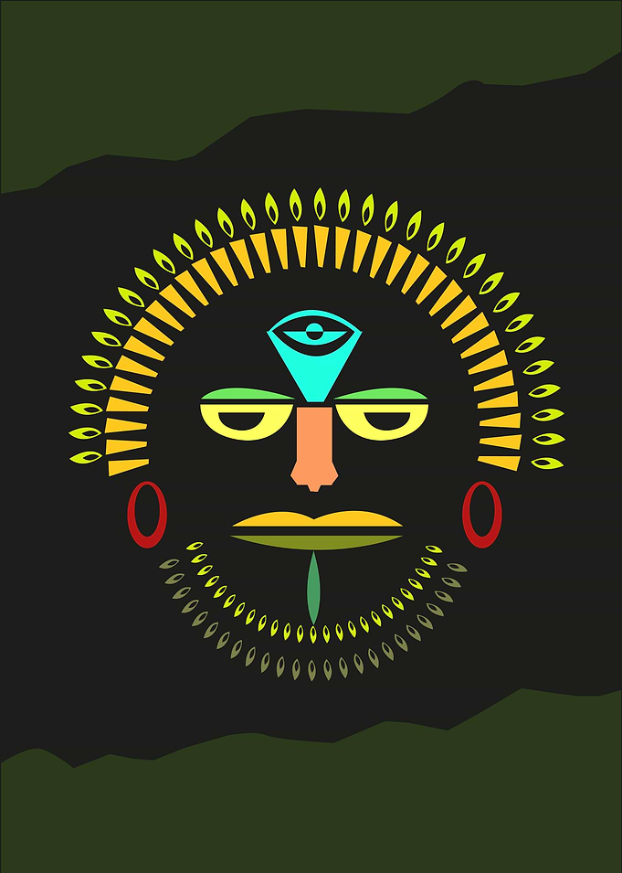A symbolic tribal mask and headdress in contemporary ar ...