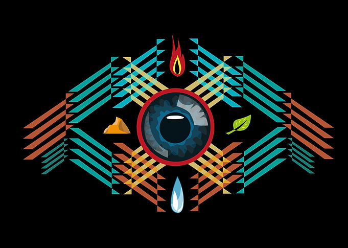 An all seeing eye is surrounded with earth's elements