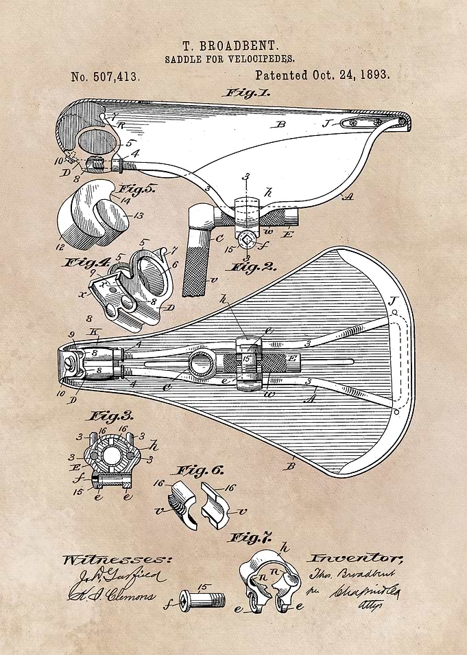 patent art Broadbent Saddle for Velocipedes 1893