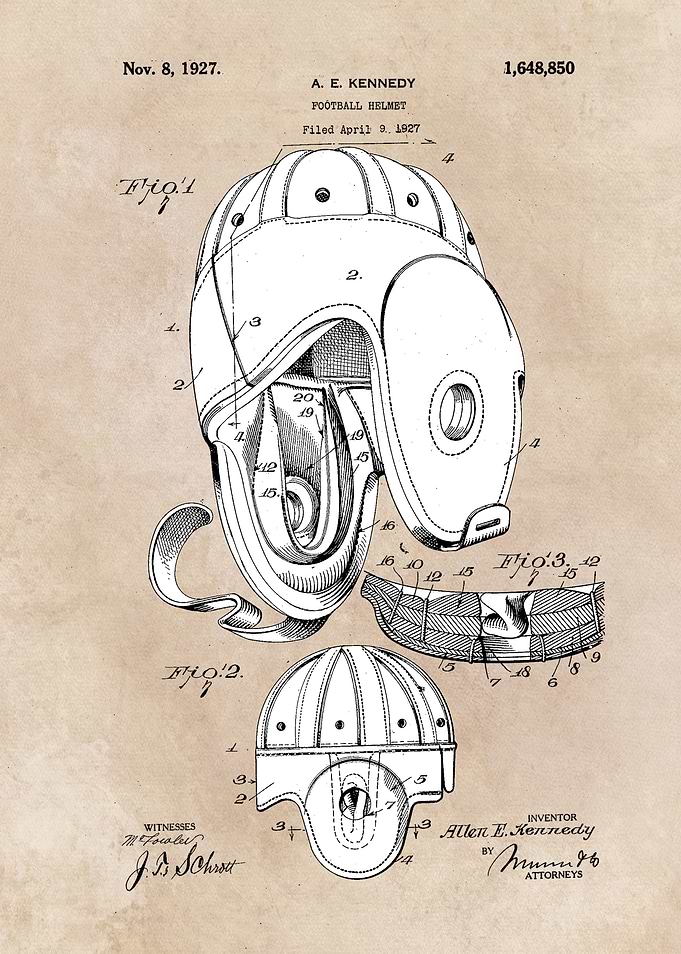 patent art Kennedy Football Helmet 1927