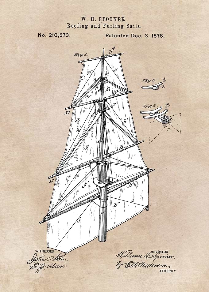 patent art Spooner Reefing and Furling Sails 1878