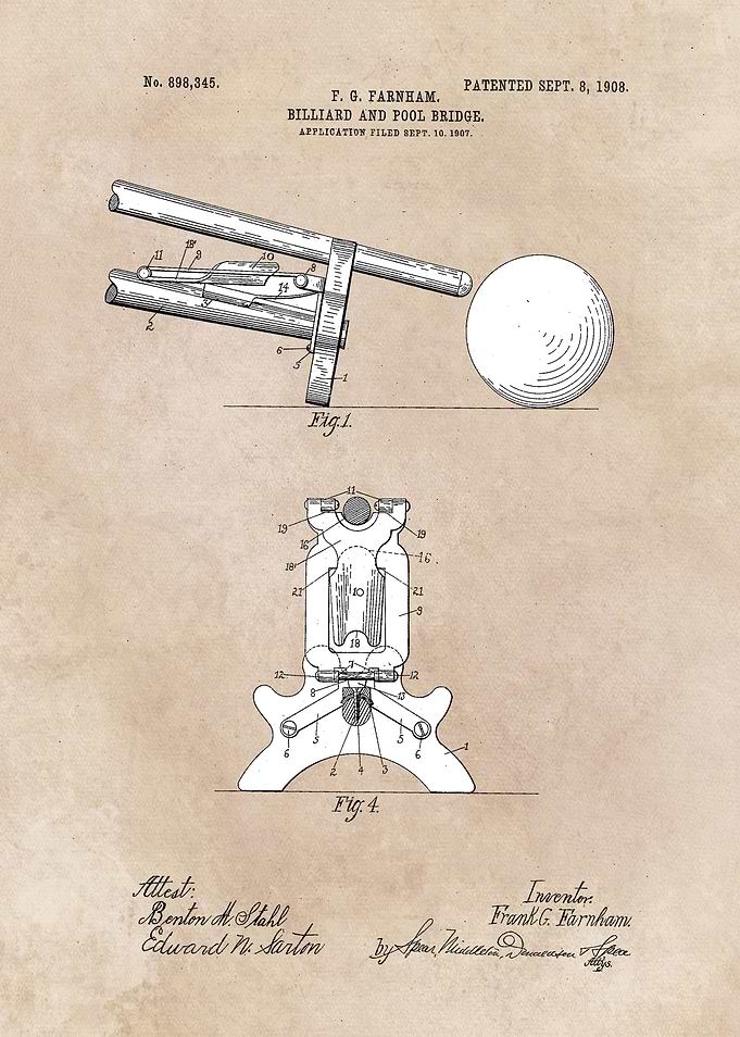 patent art Farnham Billiard and pool bridge 1908