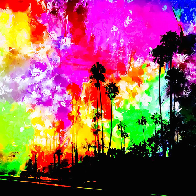 palm tree at the California beach with colorful pa