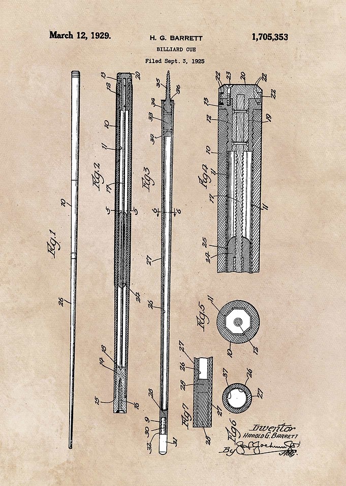 patent art Barrett 1929 Billiard Cue