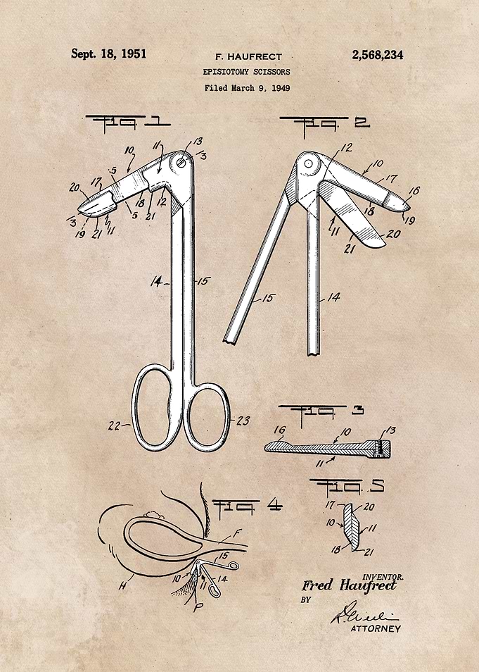 patent art Haufrect 1949 Episiotomy scissors