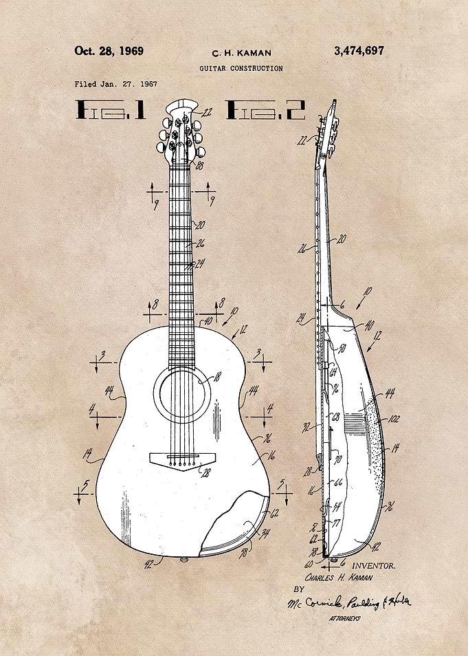patent art Kaman 1969 Guitar construction