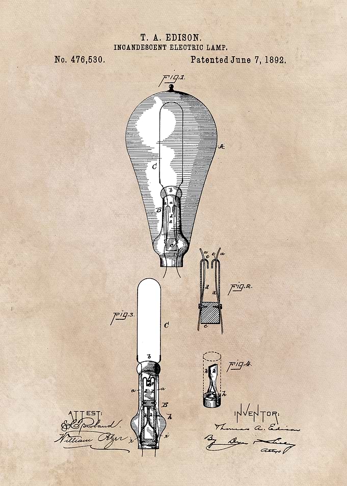 patent art Edison 1892 Incandescent electric lamp