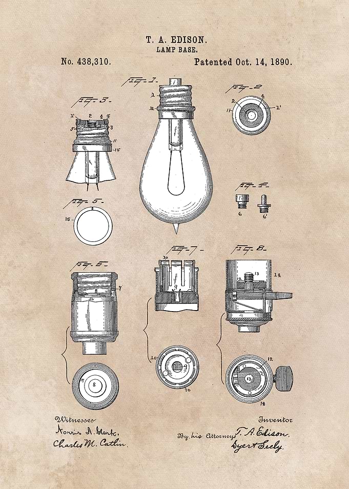 patent art Edison 1890 Lamp base