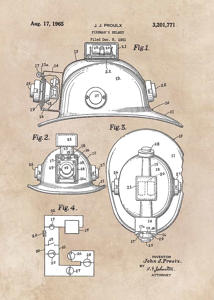 patent art Proulx 1965 Firemans helmet