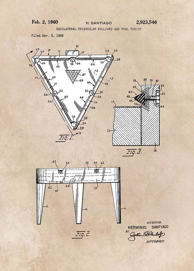 patent art Santiago 1960 Billiard and pool table