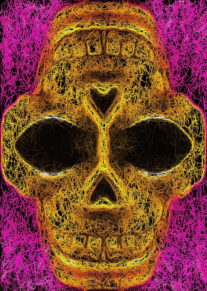 psychedelic rotten skull with pink background