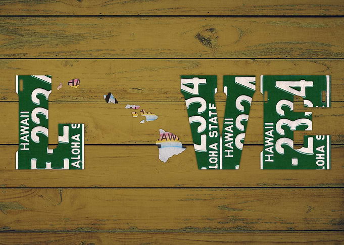 Hawaii State Love License Plate Art Phrase