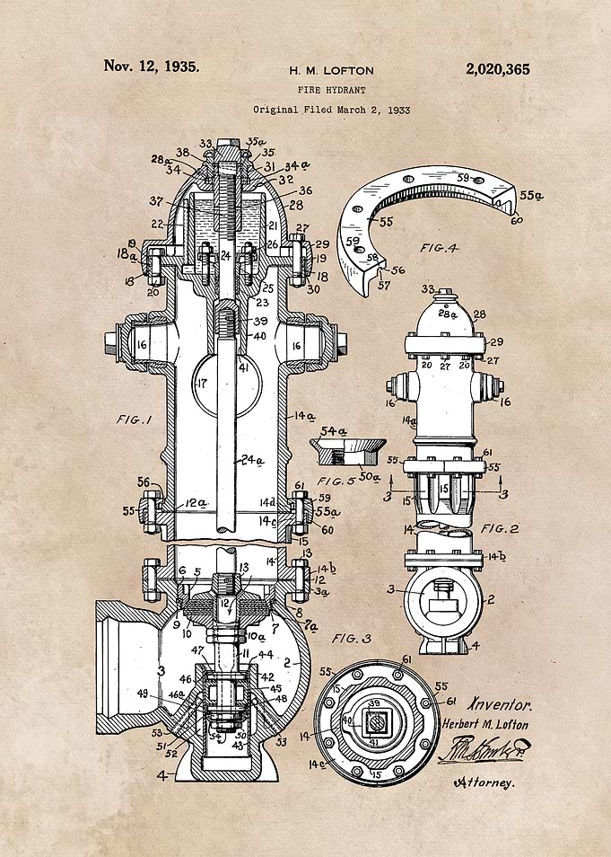 patent art Lofton Fire hydrant 1933
