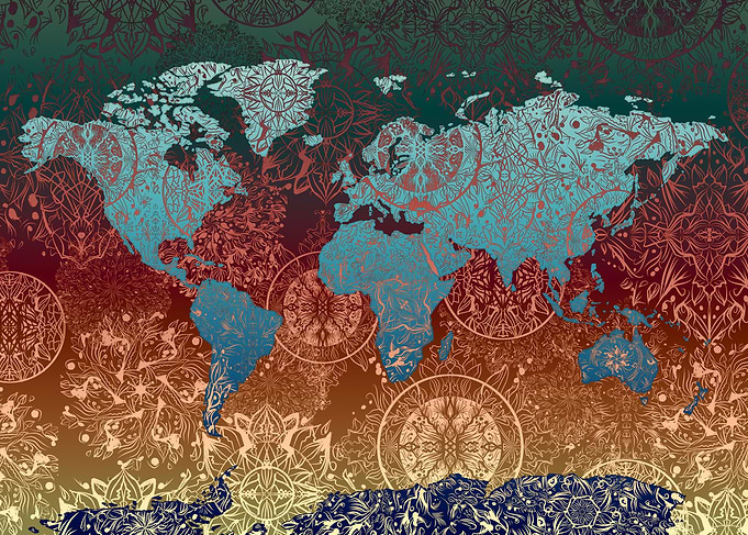 world map mandala gold green