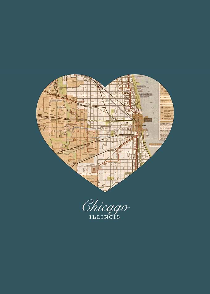 Chicago Illinois City Heart Vintage Street Map