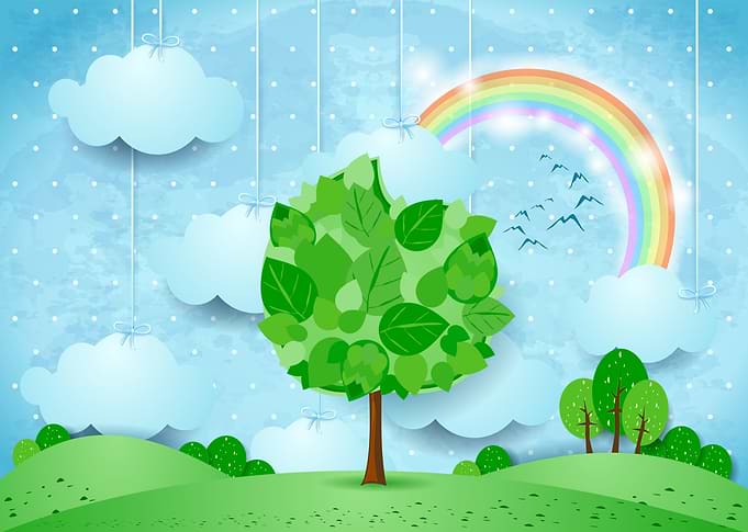 Countryside with big tree, fantasy illustration