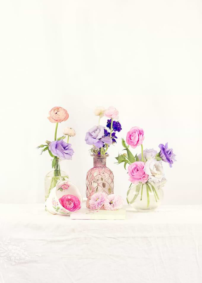 Ranunculus and Lisanathus Bouquets and Teacup