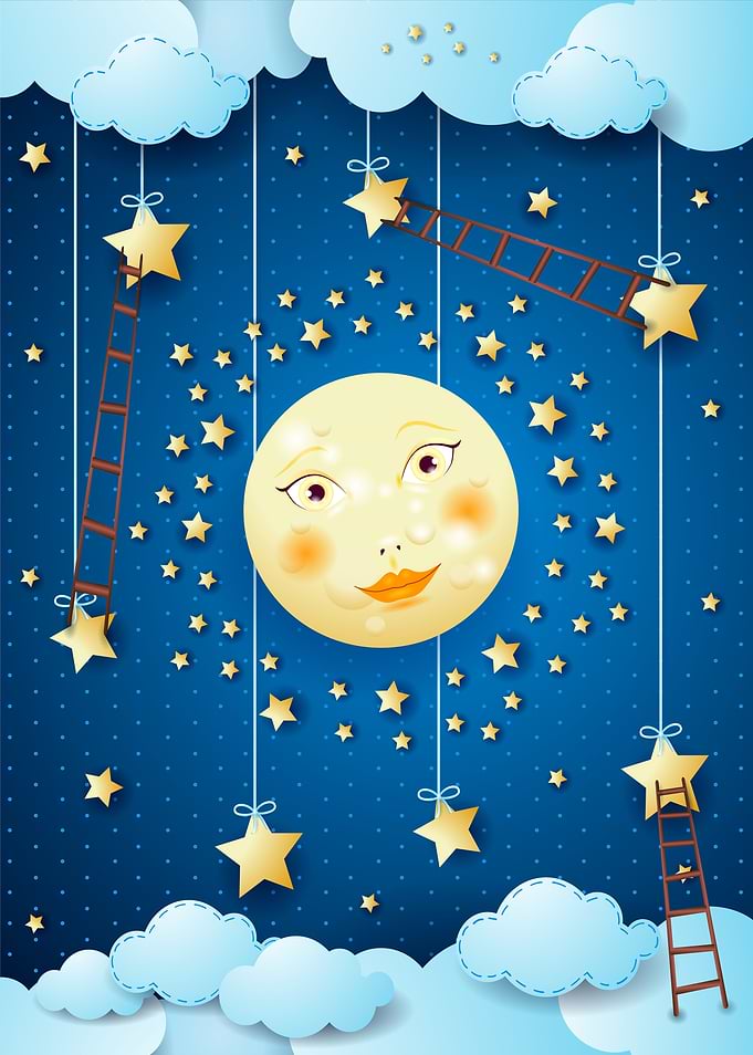 Surreal night with moon and ladders, vertical
