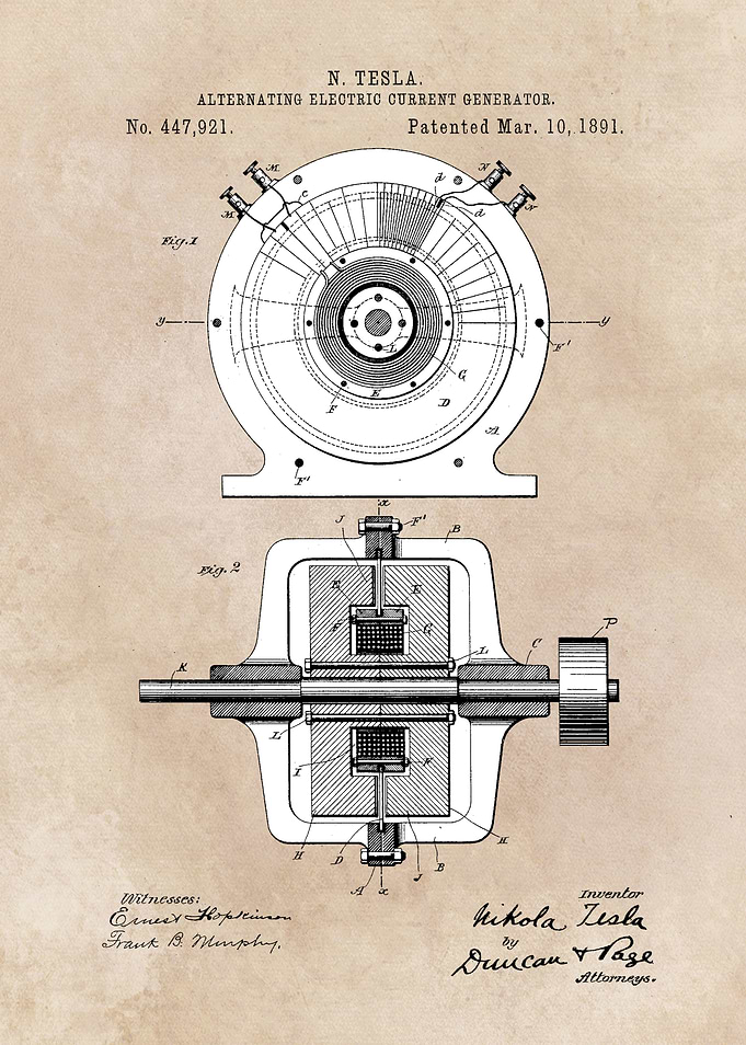 patent art Tesla 1891 Alternating electric current