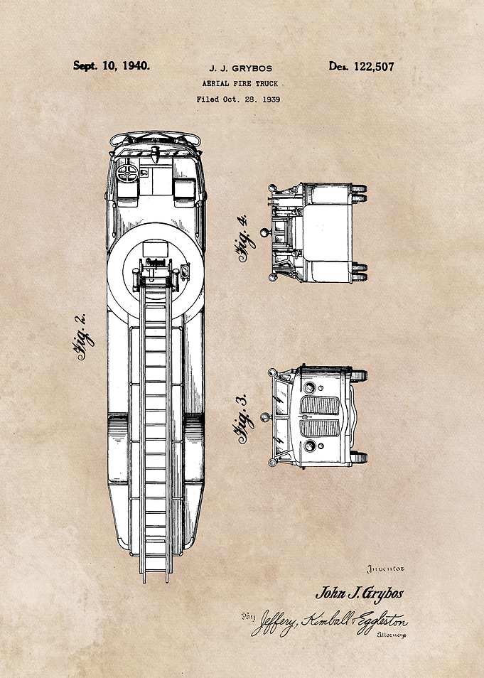 patent art Grybos Aerial fire truck 1940