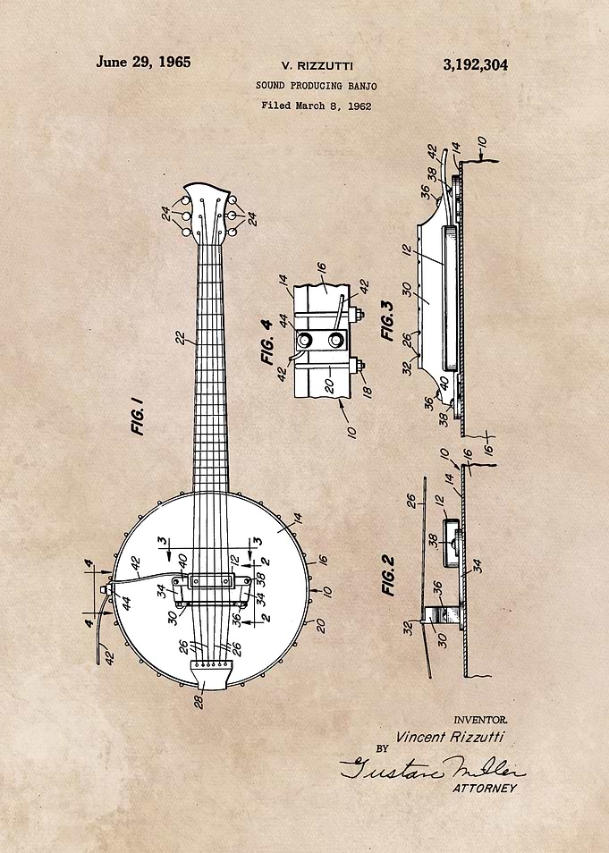 patent art Rizzutti 1965 Sound producing banjo