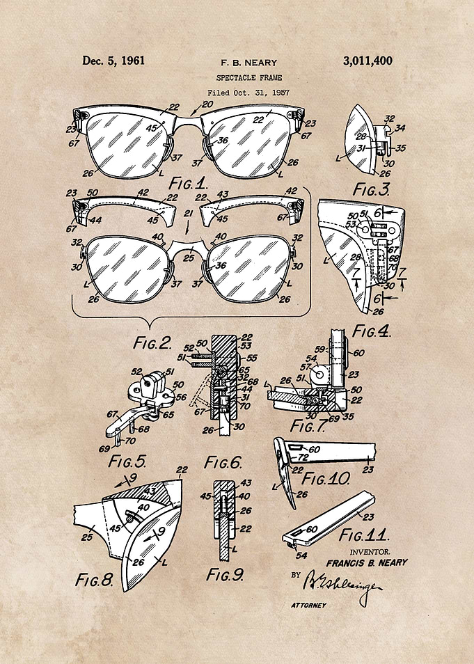 patent art Neary 1961 Spectacle frame