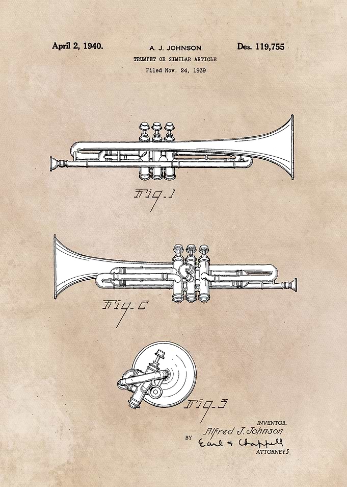 patent art Johnson 1940 Trumpet or similar article