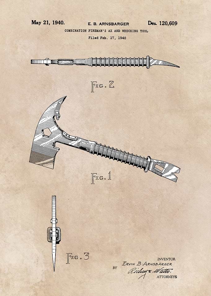 patent art Arnsbarger 1940 Combination firemans ax