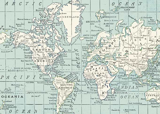 World Map in Blue and Cream