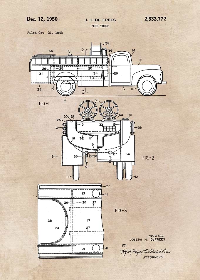 patent art De Frees 1948 Fire Truck