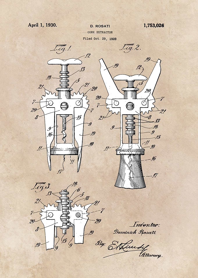 patent art Rosati 1928 Cork extractor