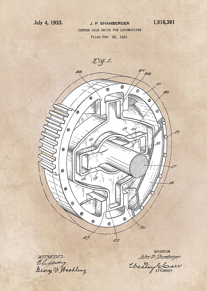 patent art Shamberger 1933 Center axle drive...