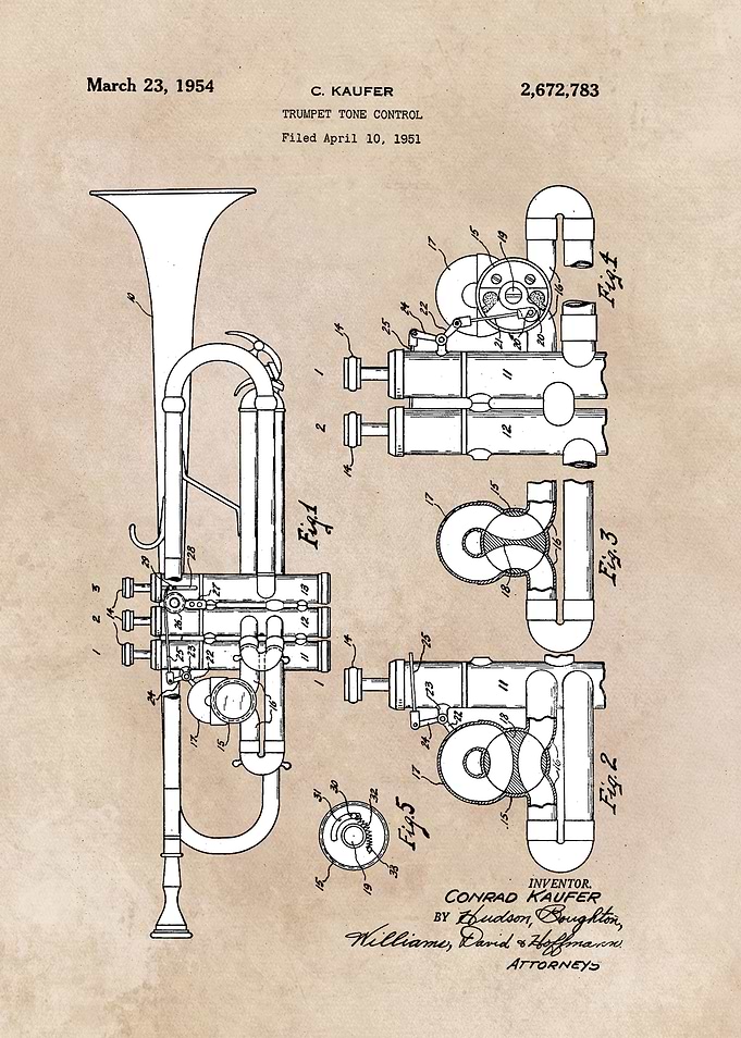 patent art Kaufer 1954 Trumpet tone control