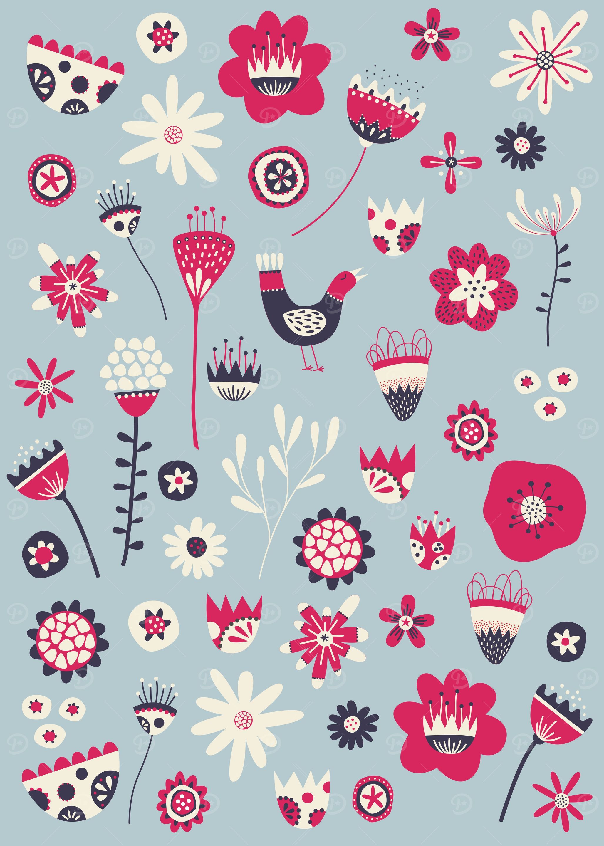 Scandi Birds and Flowers Blue
