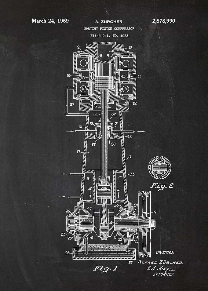 1959 Upright Piston Compressor - Patent Drawing