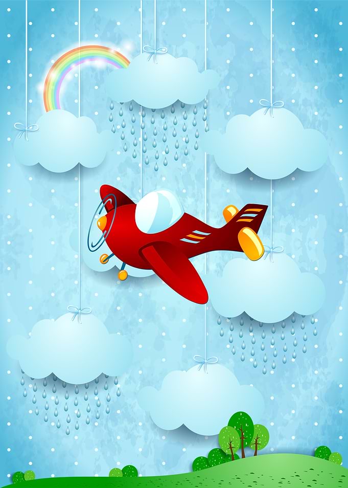 Red vintage airplane on fantasy landscape