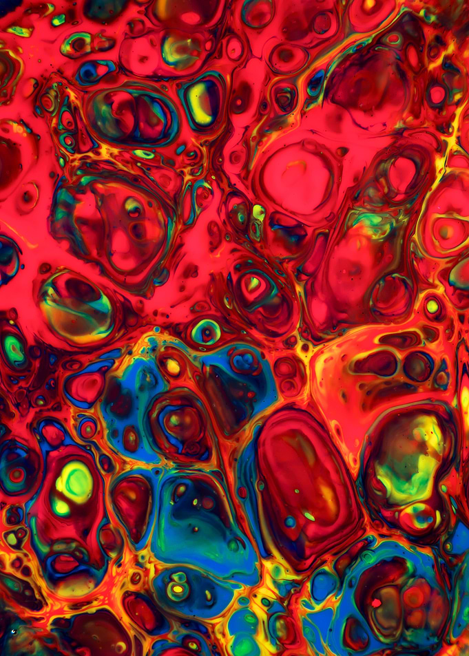 Explosion in red, yellow and blue.