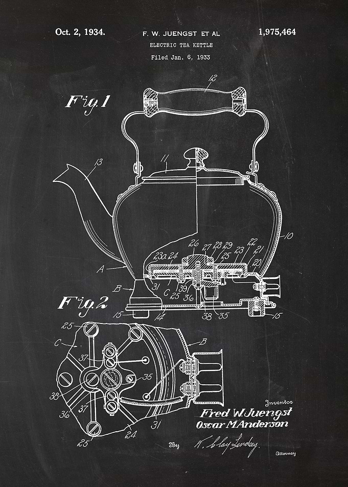 1933 Electric Tea Kettle - Patent Drawing