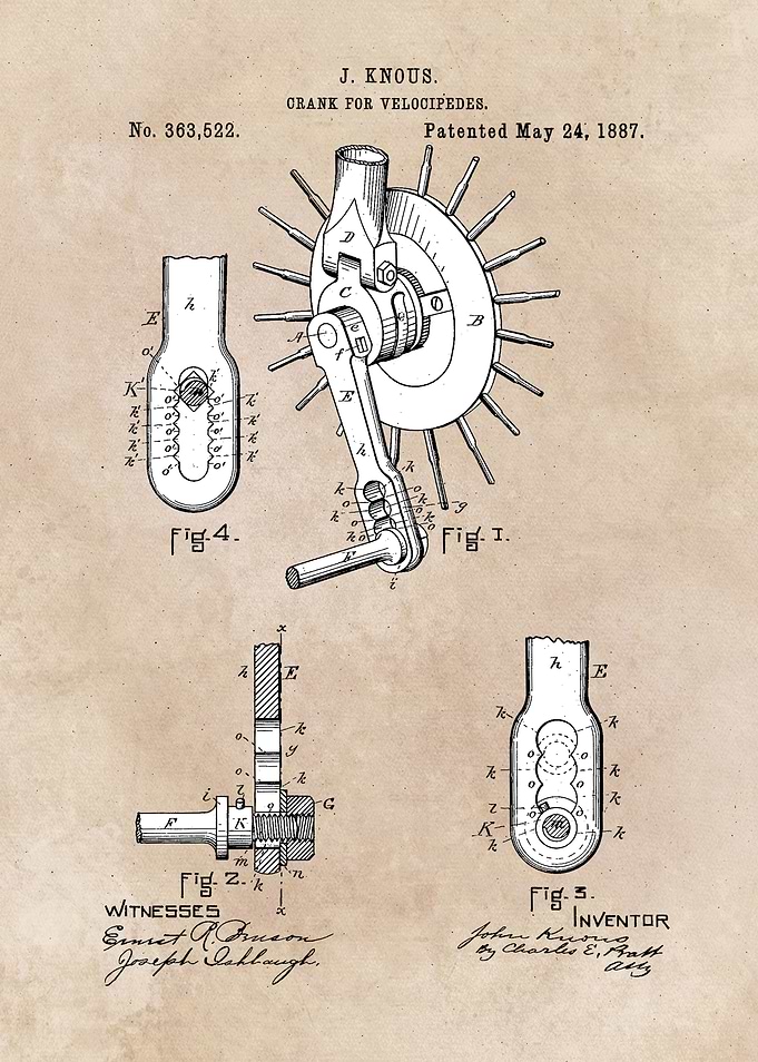 patent art Knous 1887 Crank for velocipedes