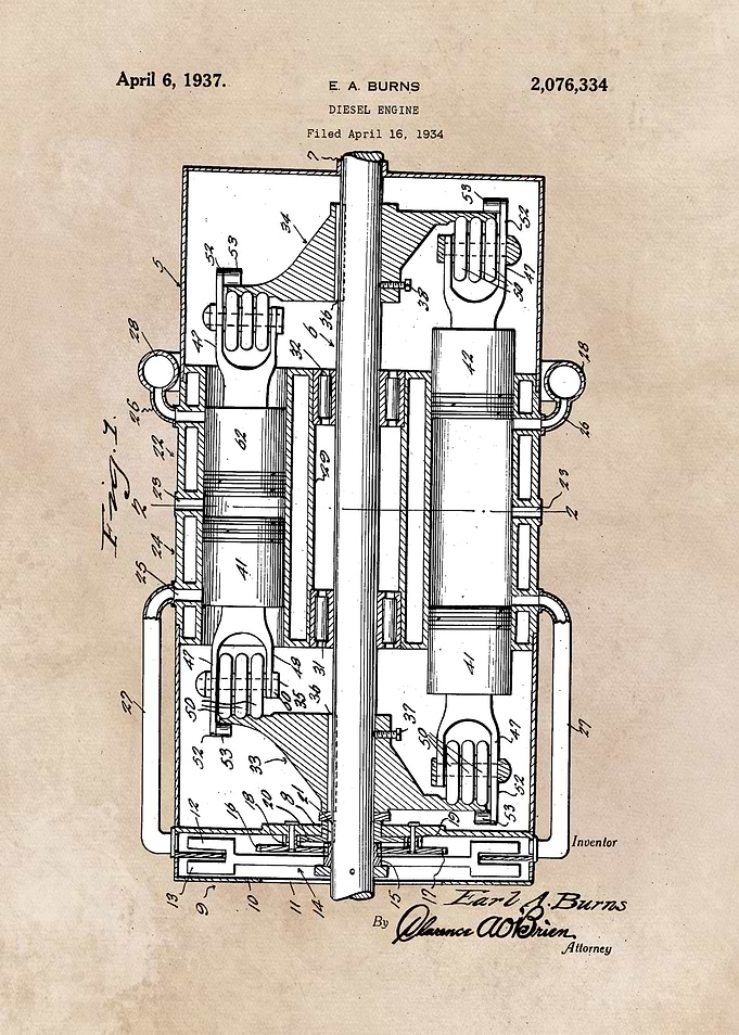 patent art Burns 1937 Diesel engine