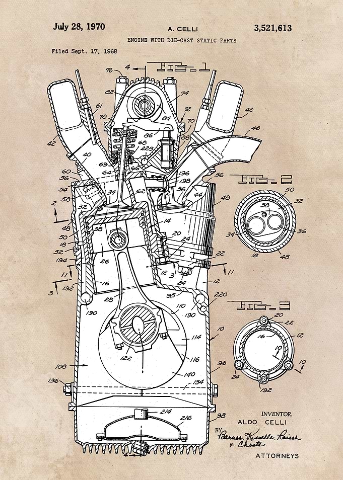 patent art Celli 1970 Engine with die cast static