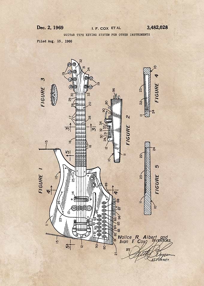 patent art Cox 1969 Guitar type keying