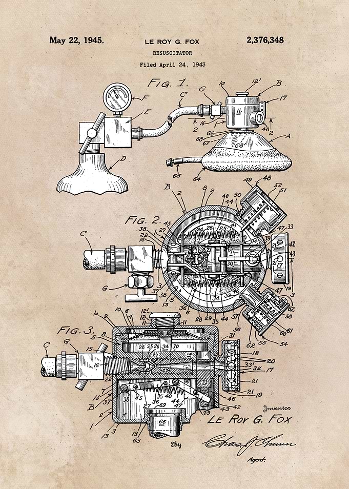 patent art Le Roy G. Fox 1945 Resuscitator