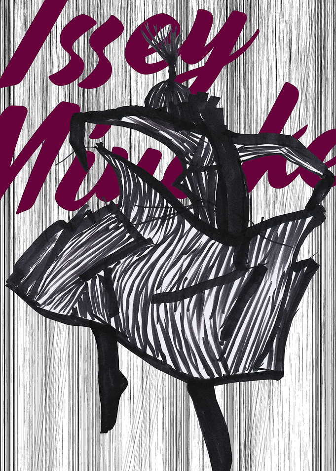 Fashion illustration inspired by Issey Miyake