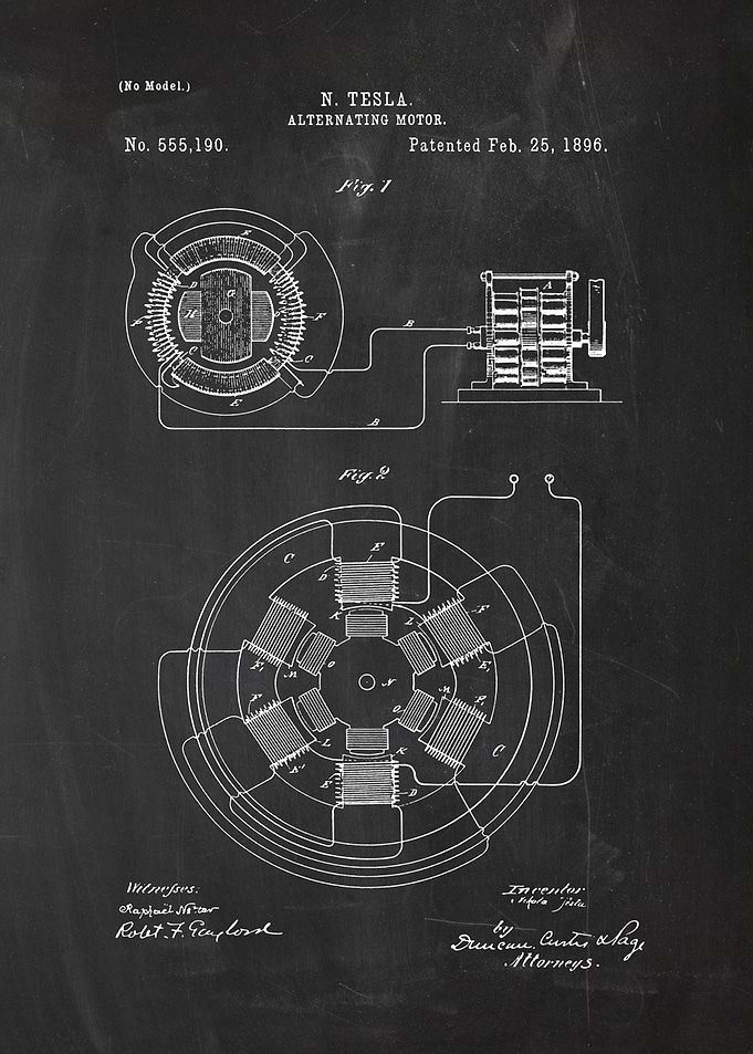 1896 Tesla Alternating Motor - Patent Drawing