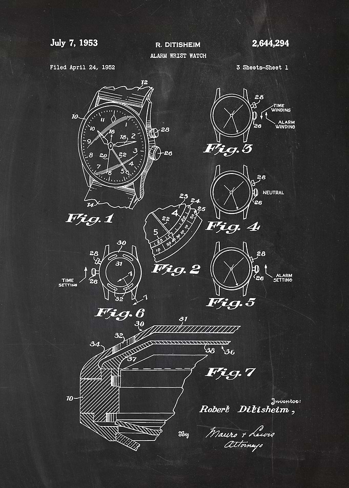 1952 Alarm Wrist Watch - Patent Drawing