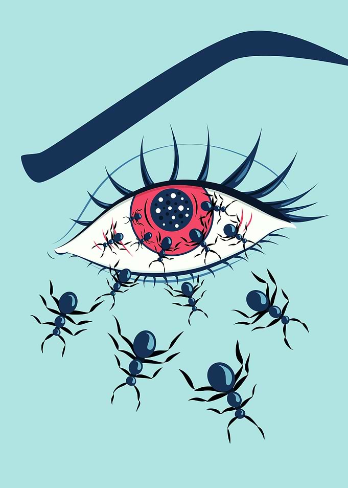 Creepy red eye and crawling ants