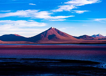 Volcano & Red lake with Flamingos in Bolivia